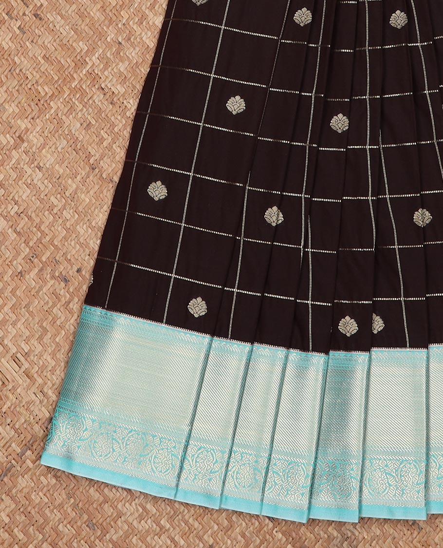 Brown zari buttas enclosed checked gift saree, contrast traditional zari design border, and intricate pallu