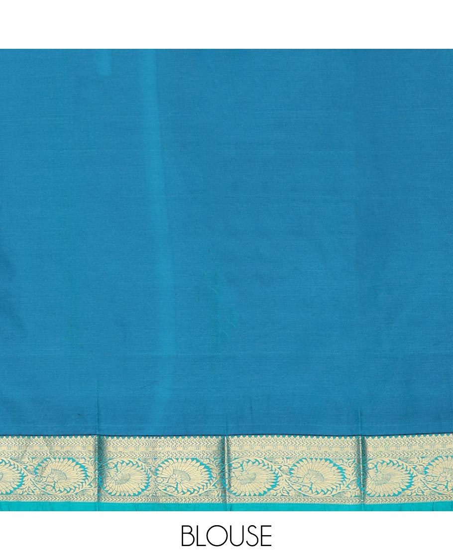 Blue jaal jacquard gift saree, contrast traditional zari border of floral creeper designs, and floral design pallu