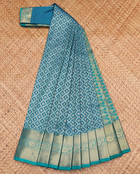 Blue jaal jacquard gift saree, contrast traditional zari border of floral creeper designs, and floral design pallu