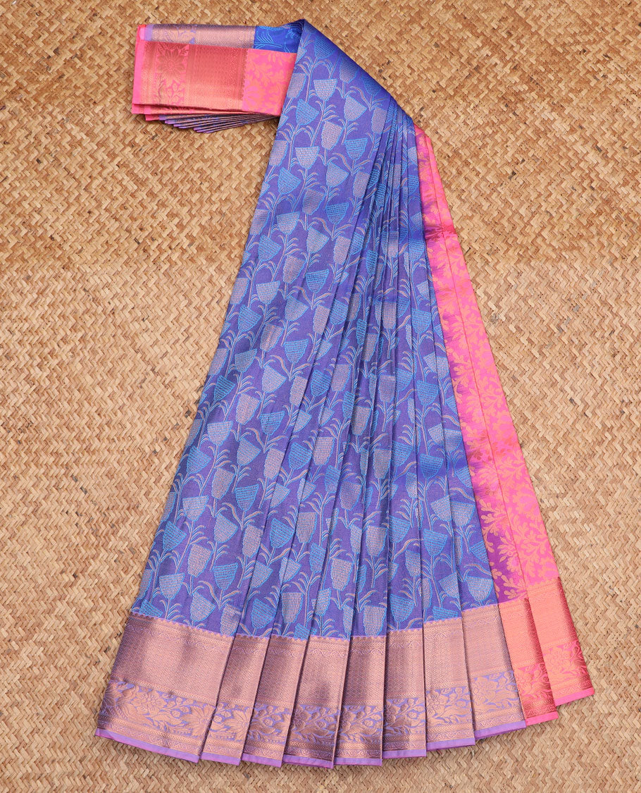Blue floral jacquard gift saree, contrast traditional zari designs border, and floral jaal pallu
