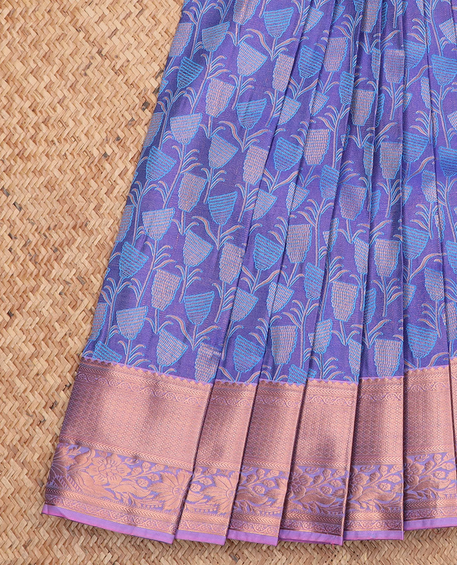 Blue floral jacquard gift saree, contrast traditional zari designs border, and floral jaal pallu