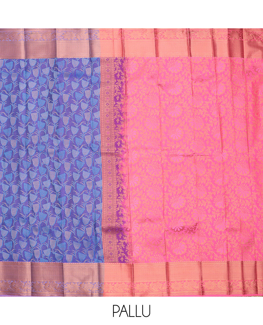 Blue floral jacquard gift saree, contrast traditional zari designs border, and floral jaal pallu