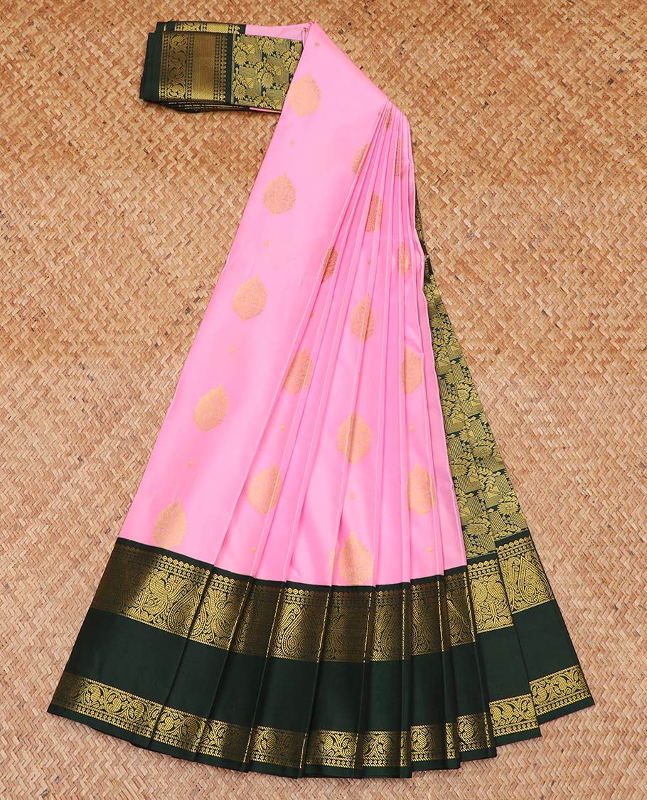 Pink zari buttas gift saree, contrast traditional zari design rettai pettu border, and intricate pallu