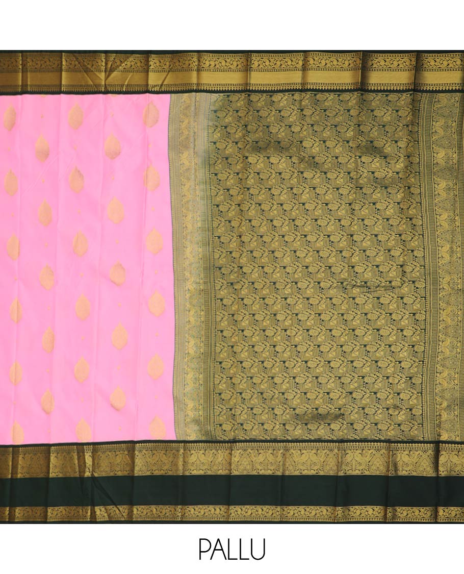 Pink zari buttas gift saree, contrast traditional zari design rettai pettu border, and intricate pallu