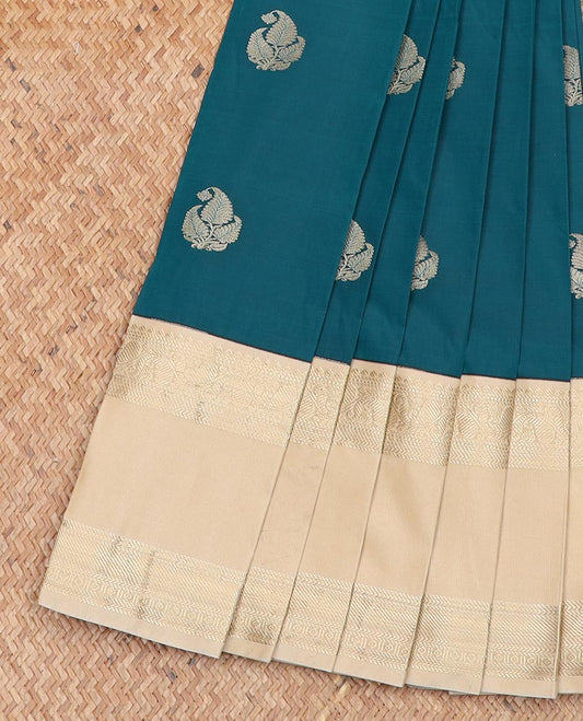 Peacock Blue Budget Silk Saree Graced with Leaf Buttas All Over Its Body, Complemented by a Contrast Traditional Zari Design Rettai Pettu Border, Subtly Pallu of Jaal Design, and Paired with a Contrast Blouse