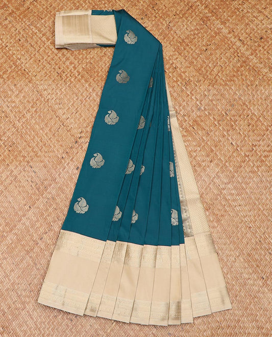Peacock Blue Budget Silk Saree Graced with Leaf Buttas All Over Its Body, Complemented by a Contrast Traditional Zari Design Rettai Pettu Border, Subtly Pallu of Jaal Design, and Paired with a Contrast Blouse