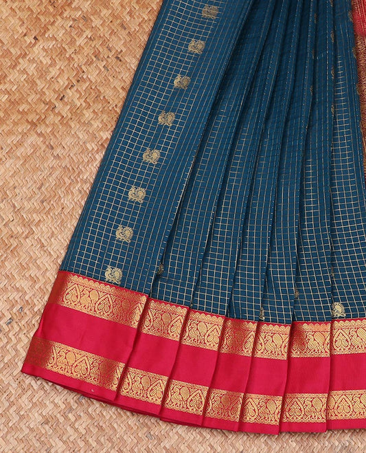 Blue checked with peacock buttas gift saree, contrast traditional zari rettai pettu border, and jaal pallu