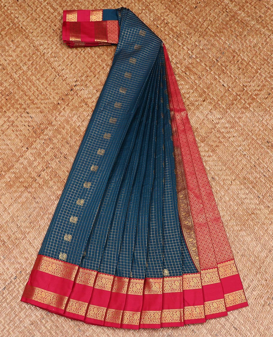 Blue checked with peacock buttas gift saree, contrast traditional zari rettai pettu border, and jaal pallu