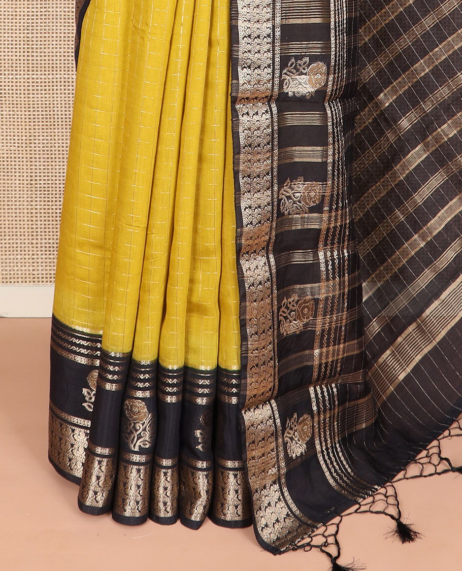 Yellow zari checked Assam silk saree, contrast traditional zari border of peacock and floral designs, and pallu of zari stripes