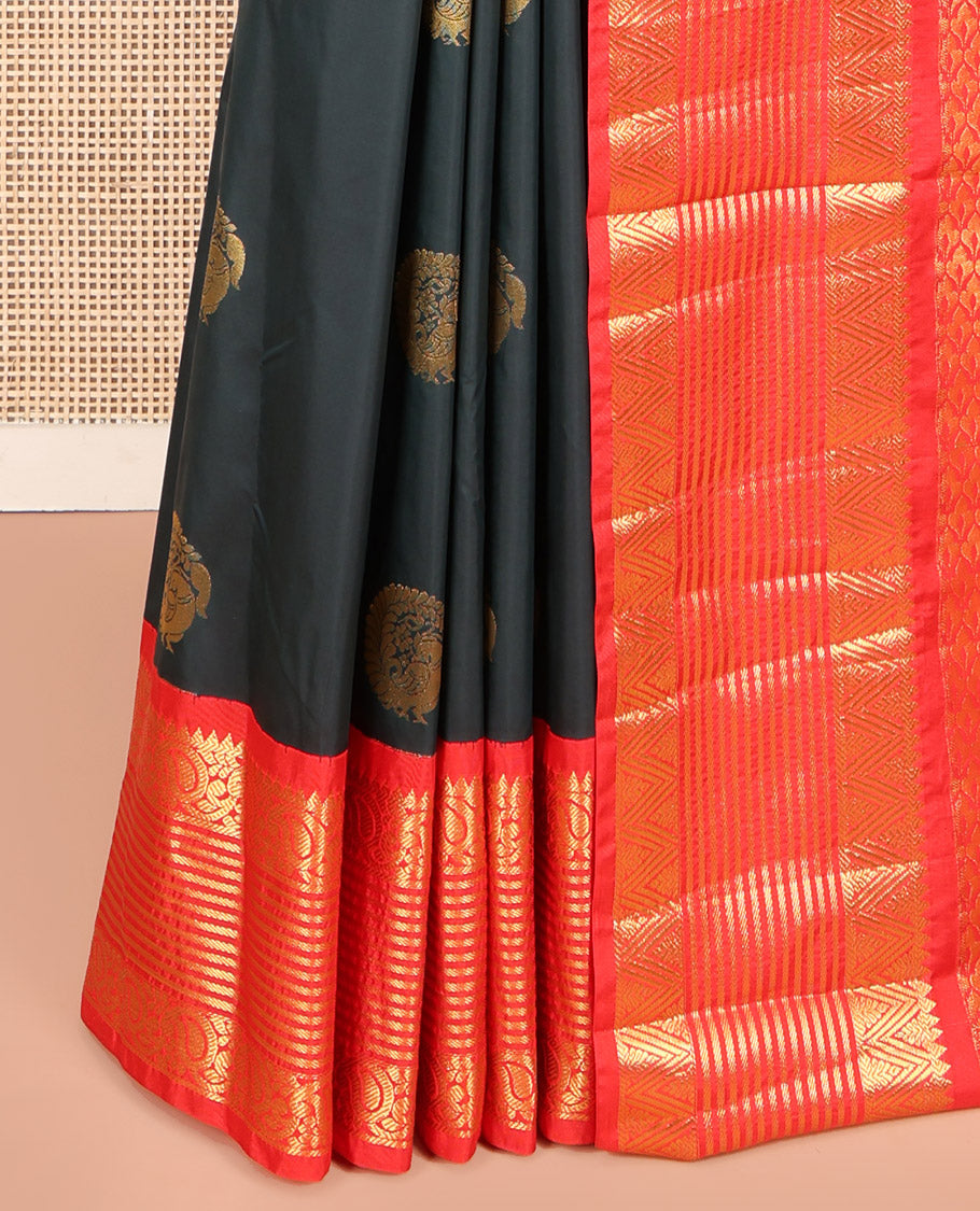 Dark Green Budget Silk Saree, Scintillated with Peacock Zari Buttas All Over Its Body, Complemented by Contrast Border of Paisley Designs, Gleaming Pallu of Jaal Designs, and Paired with a Contrast Blouse