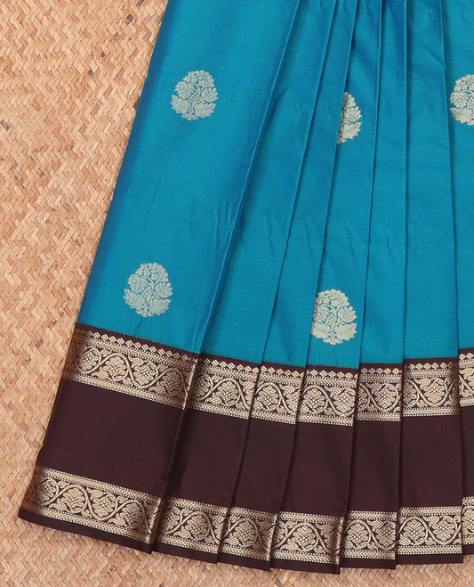 Blue Budget Silk Saree, Beautified with Zari Buttas All Over Its Body, Complemented by Contrast Rettai Pettu Border of Floral Creeper Designs, Pallu of Jaal Designs, and Paired with a Contrast Blouse