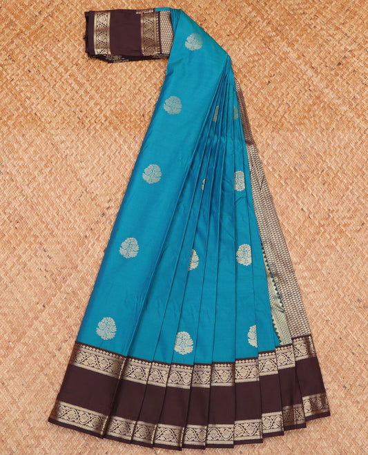 Blue Budget Silk Saree, Beautified with Zari Buttas All Over Its Body, Complemented by Contrast Rettai Pettu Border of Floral Creeper Designs, Pallu of Jaal Designs, and Paired with a Contrast Blouse