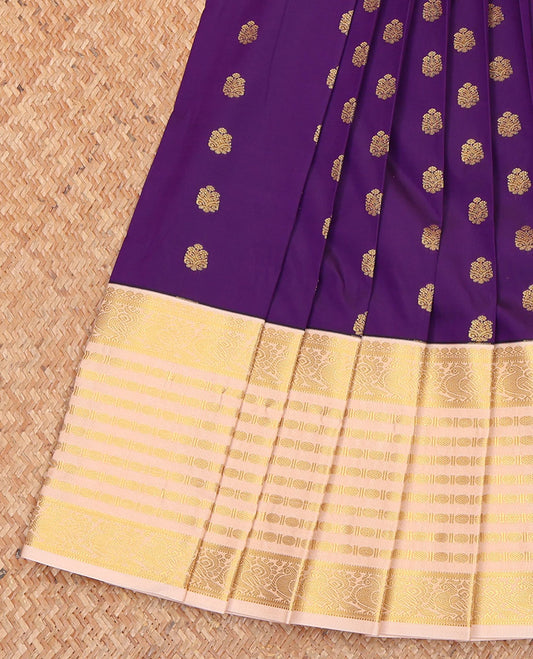 Violet Budget Silk Saree, Prettified with Buttas All Over Its Body, Complemented by a Contrast Traditional Zari Border of Peacock Designs, Sparsely Woven Pallu, and Paired with a Contrast Blouse