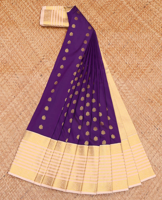 Violet Budget Silk Saree, Prettified with Buttas All Over Its Body, Complemented by a Contrast Traditional Zari Border of Peacock Designs, Sparsely Woven Pallu, and Paired with a Contrast Blouse