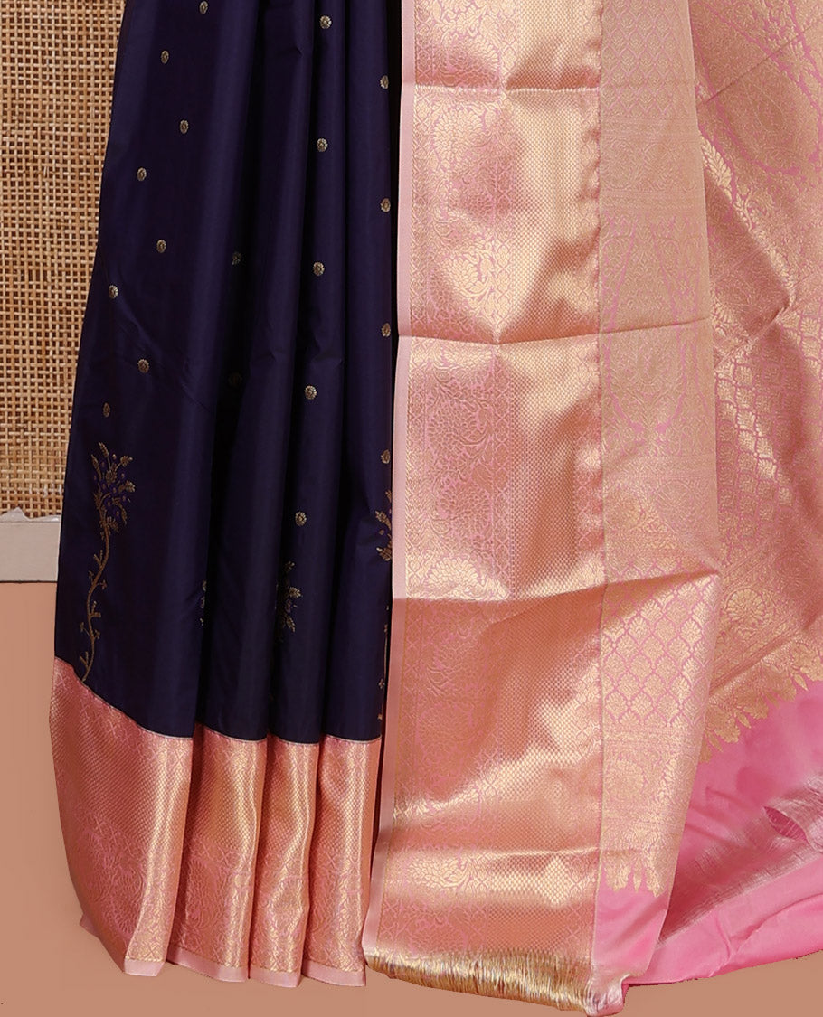 Blue Budget Silk Saree, Embellished with Zari Buttas on Its Body, Complemented by a Contrast Traditional Zari Design Border, Intricate Pallu, and Paired with a Contrast Blouse