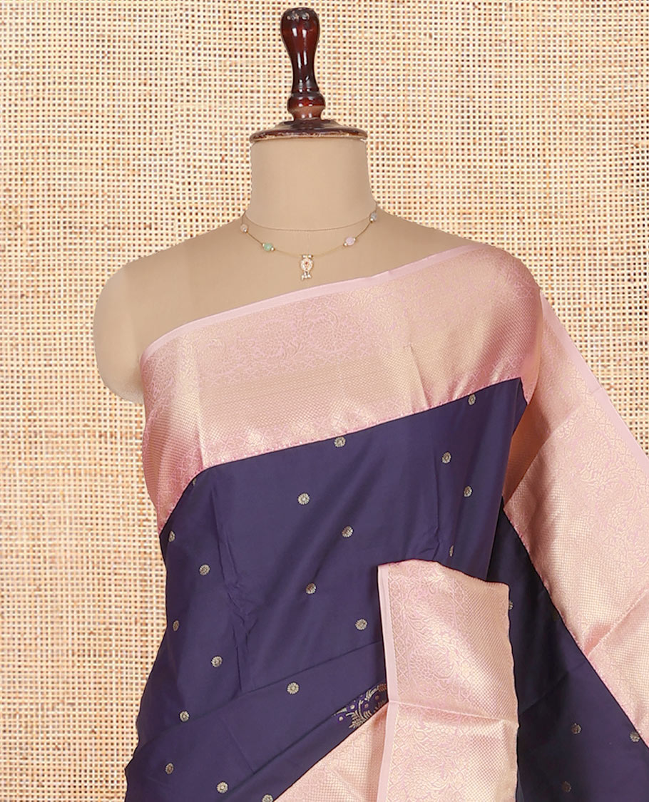 Blue Budget Silk Saree, Embellished with Zari Buttas on Its Body, Complemented by a Contrast Traditional Zari Design Border, Intricate Pallu, and Paired with a Contrast Blouse