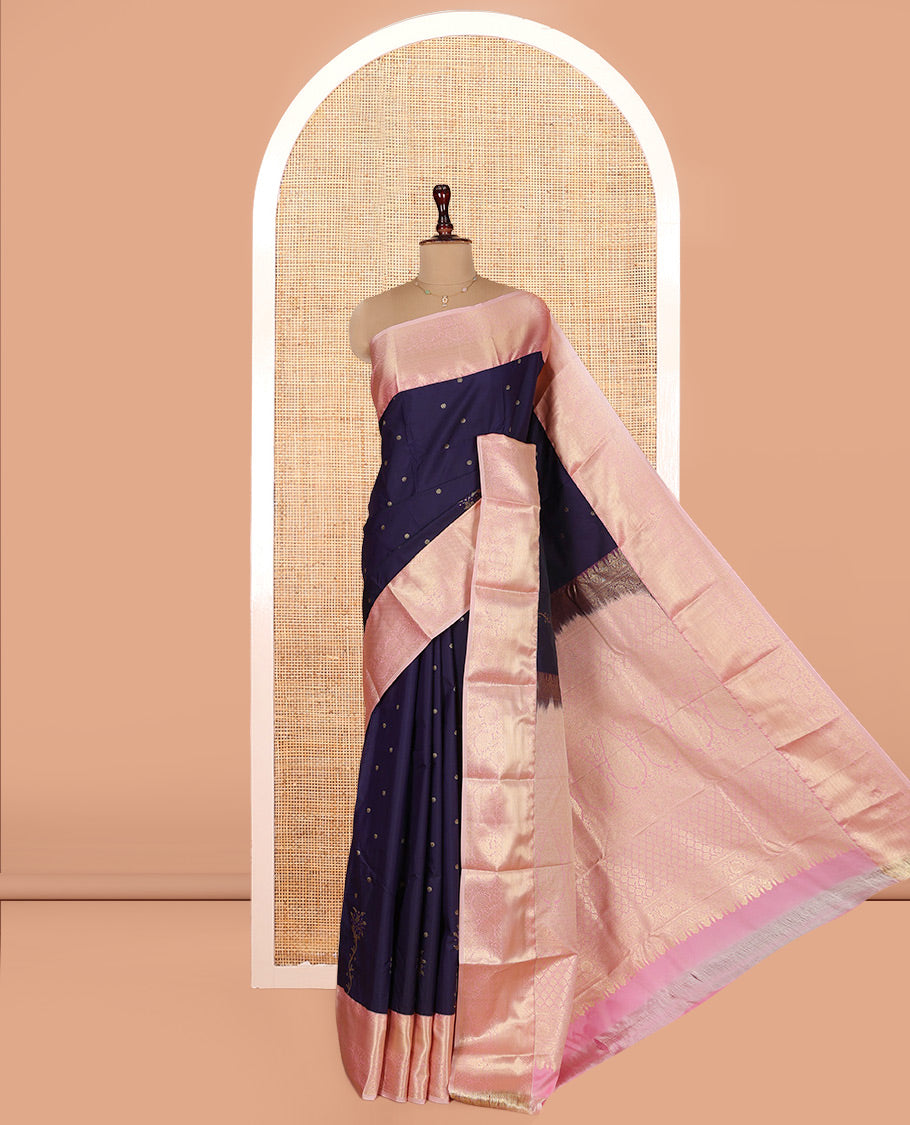 Blue Budget Silk Saree, Embellished with Zari Buttas on Its Body, Complemented by a Contrast Traditional Zari Design Border, Intricate Pallu, and Paired with a Contrast Blouse