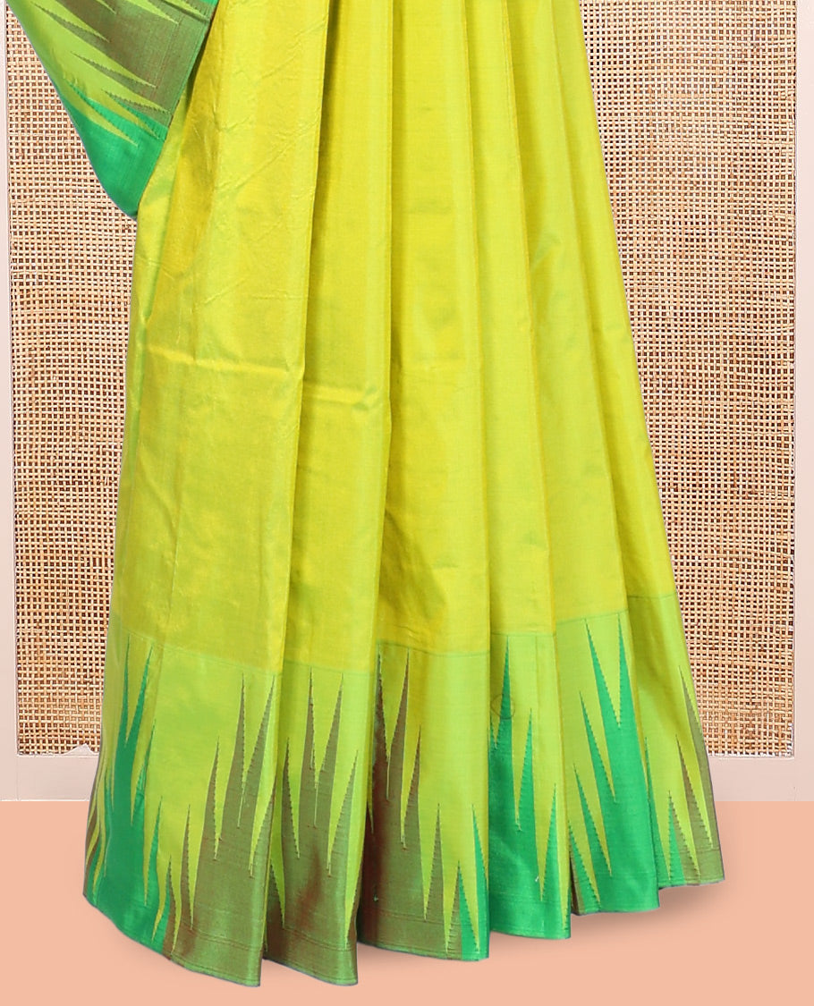 Parrot Green Plain Bangalore Silk Saree, Complemented by a Contrast Temple Border, Striped Pallu, and Contrast Blouse