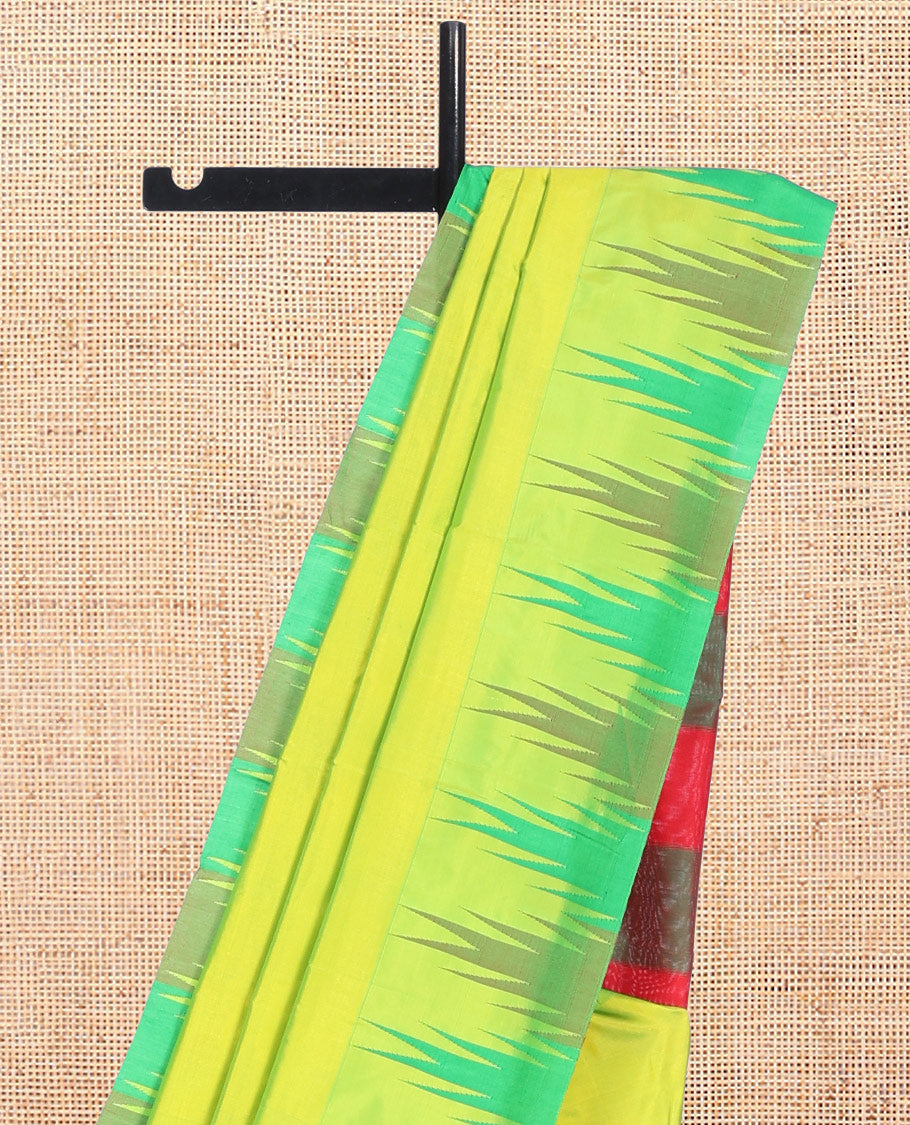 Parrot Green Plain Bangalore Silk Saree, Complemented by a Contrast Temple Border, Striped Pallu, and Contrast Blouse
