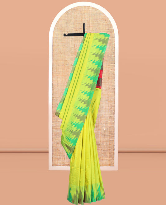 Parrot Green Plain Bangalore Silk Saree, Complemented by a Contrast Temple Border, Striped Pallu, and Contrast Blouse