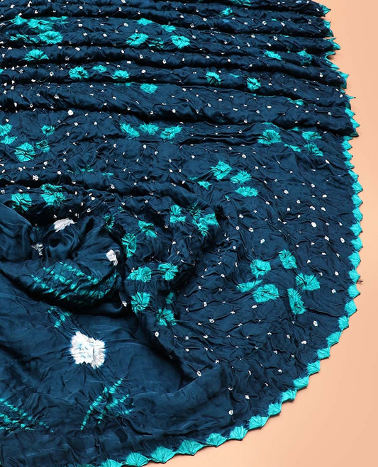 Borderless blue tie-dye floral theme bandhani dotted bandhani silk saree, chevron striped pallu