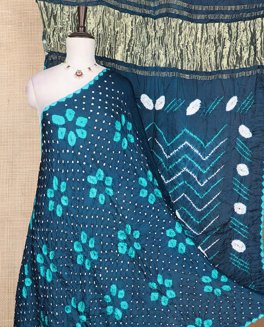 Borderless blue tie-dye floral theme bandhani dotted bandhani silk saree, chevron striped pallu