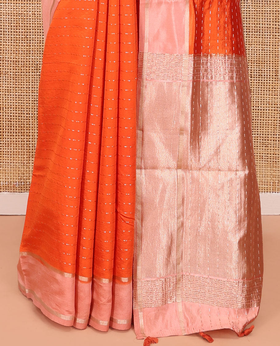 Orange Satin Silk Saree, Gleamed Up with Dotted Stripes All Over Its Body, Complemented by a Contrast Border, Dotted-Striped Pallu, and Paired with a Contrast Blouse
