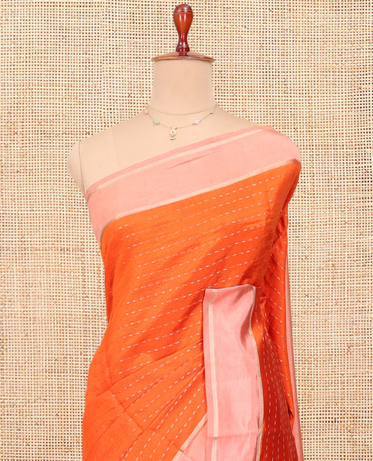 Orange Satin Silk Saree, Gleamed Up with Dotted Stripes All Over Its Body, Complemented by a Contrast Border, Dotted-Striped Pallu, and Paired with a Contrast Blouse