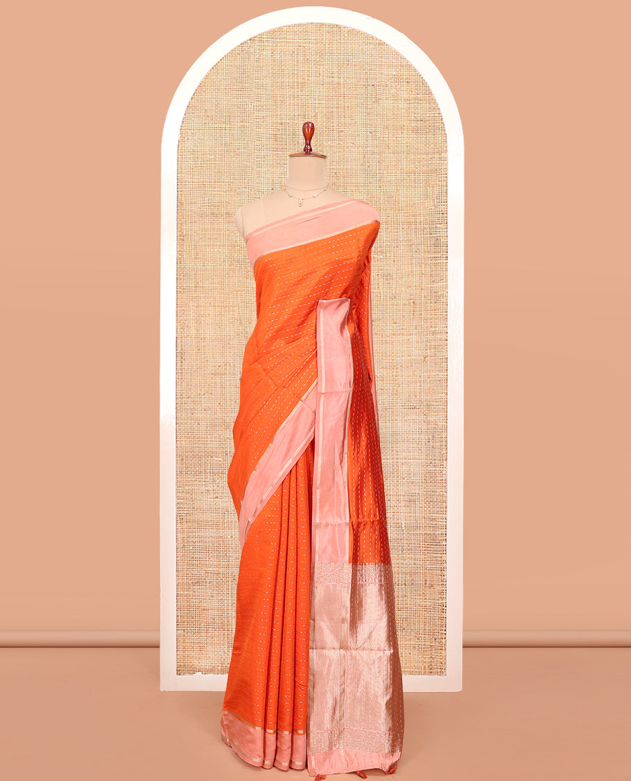 Orange Satin Silk Saree, Gleamed Up with Dotted Stripes All Over Its Body, Complemented by a Contrast Border, Dotted-Striped Pallu, and Paired with a Contrast Blouse