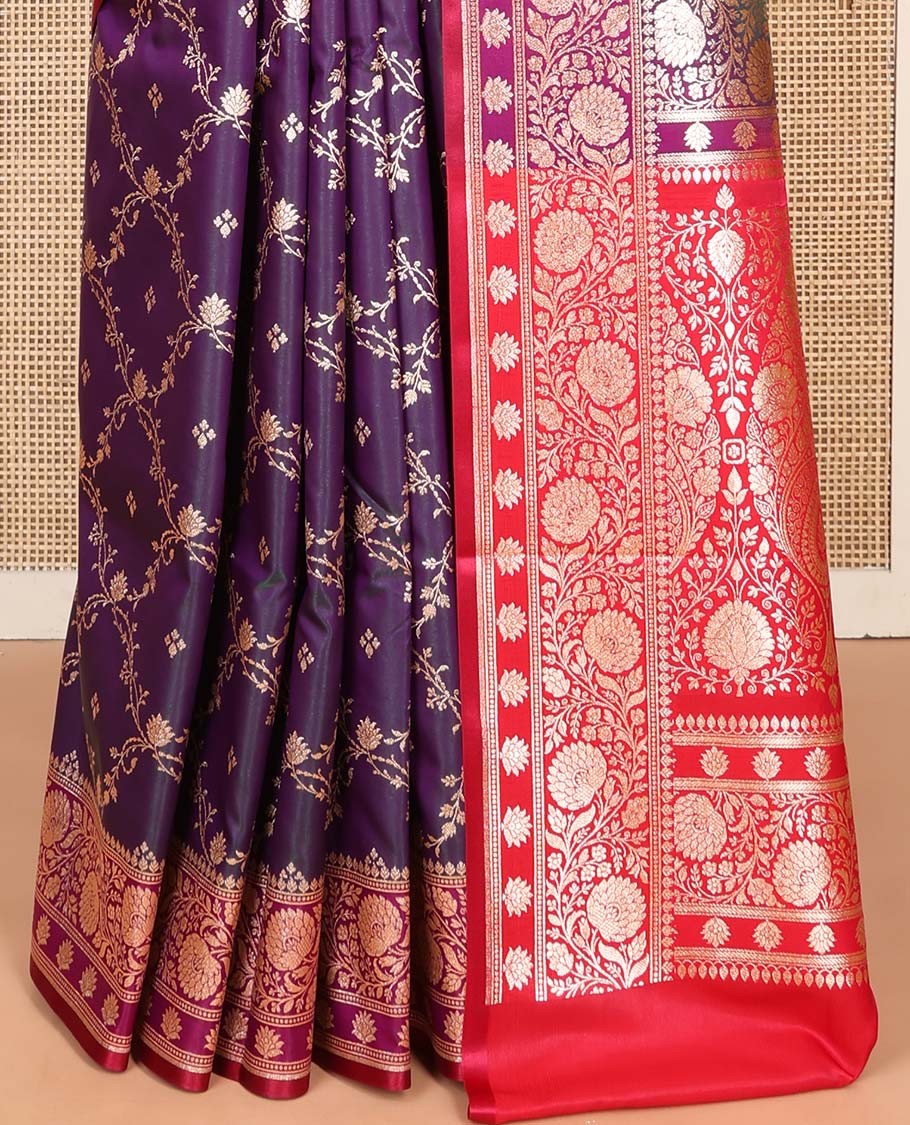 Eggplant Purple Semi-Banaras Saree, Finely Crafted with Jaal Jacquard on Its Body, Complemented by a Contrast Floral Creeper Design Border, Intricately Designed Pallu, and Paired with a Contrast Blouse