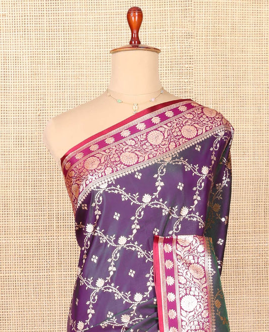 Eggplant Purple Semi-Banaras Saree, Finely Crafted with Jaal Jacquard on Its Body, Complemented by a Contrast Floral Creeper Design Border, Intricately Designed Pallu, and Paired with a Contrast Blouse