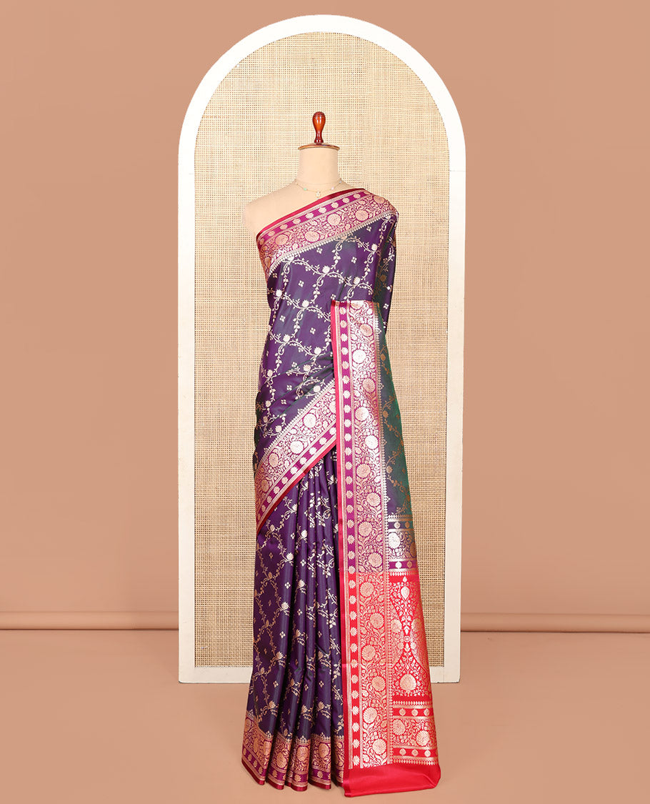 Eggplant Purple Semi-Banaras Saree, Finely Crafted with Jaal Jacquard on Its Body, Complemented by a Contrast Floral Creeper Design Border, Intricately Designed Pallu, and Paired with a Contrast Blouse