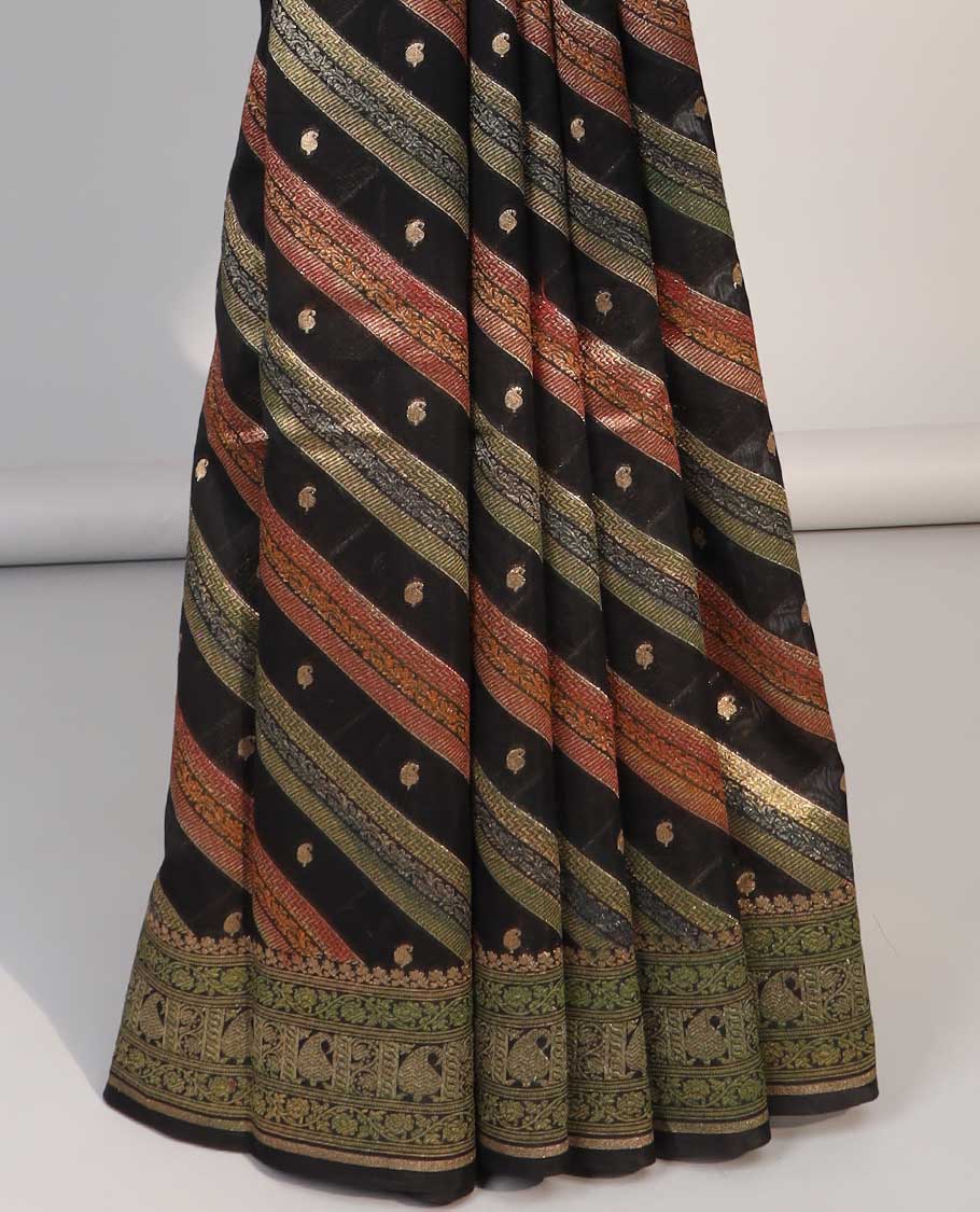Multi-color floral, striped design with contrast intricate border & paisley design pallu