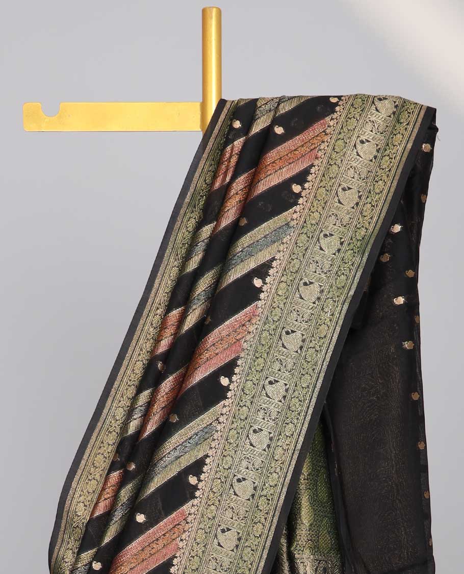 Multi-color floral, striped design with contrast intricate border & paisley design pallu