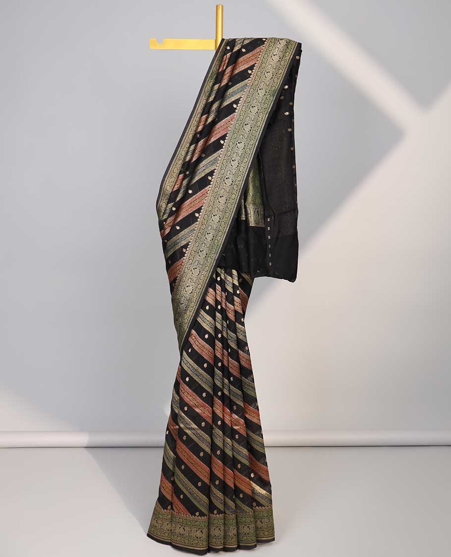 Multi-color floral, striped design with contrast intricate border & paisley design pallu