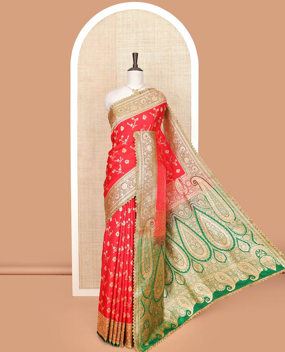Red floral buttas and stone work banarasi silk saree, contrast floral creeper design woven stone work lace border, and pallu of intricate designs