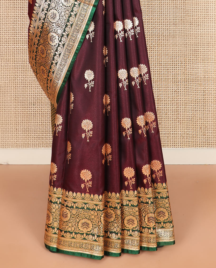 Maroon floral buttas banarasi silk saree, contrast floral creeper design border, and Mughal-style designs woven pallu
