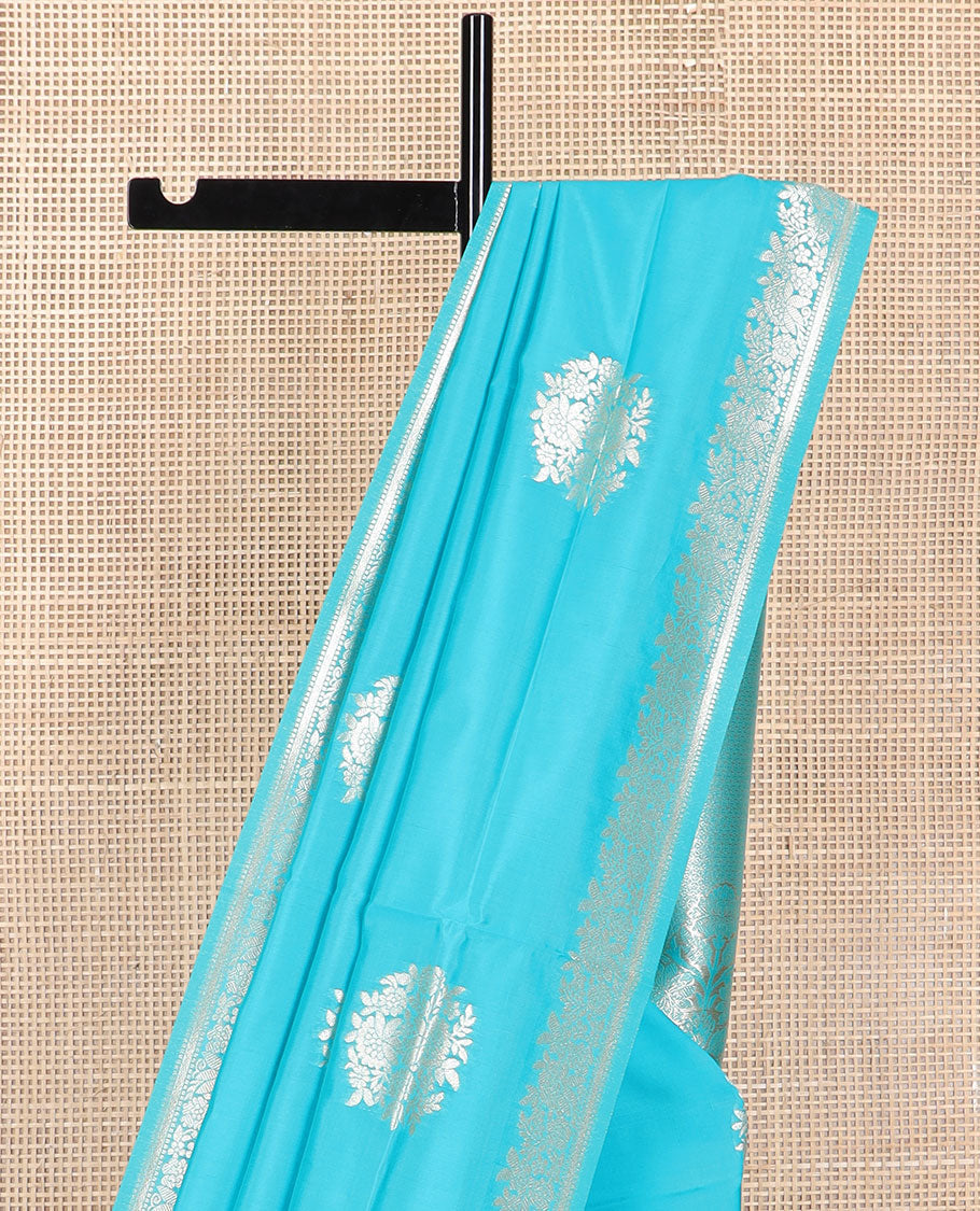 Blue floral motifs design butter silk saree with self intricate zari design border & floral design pallu