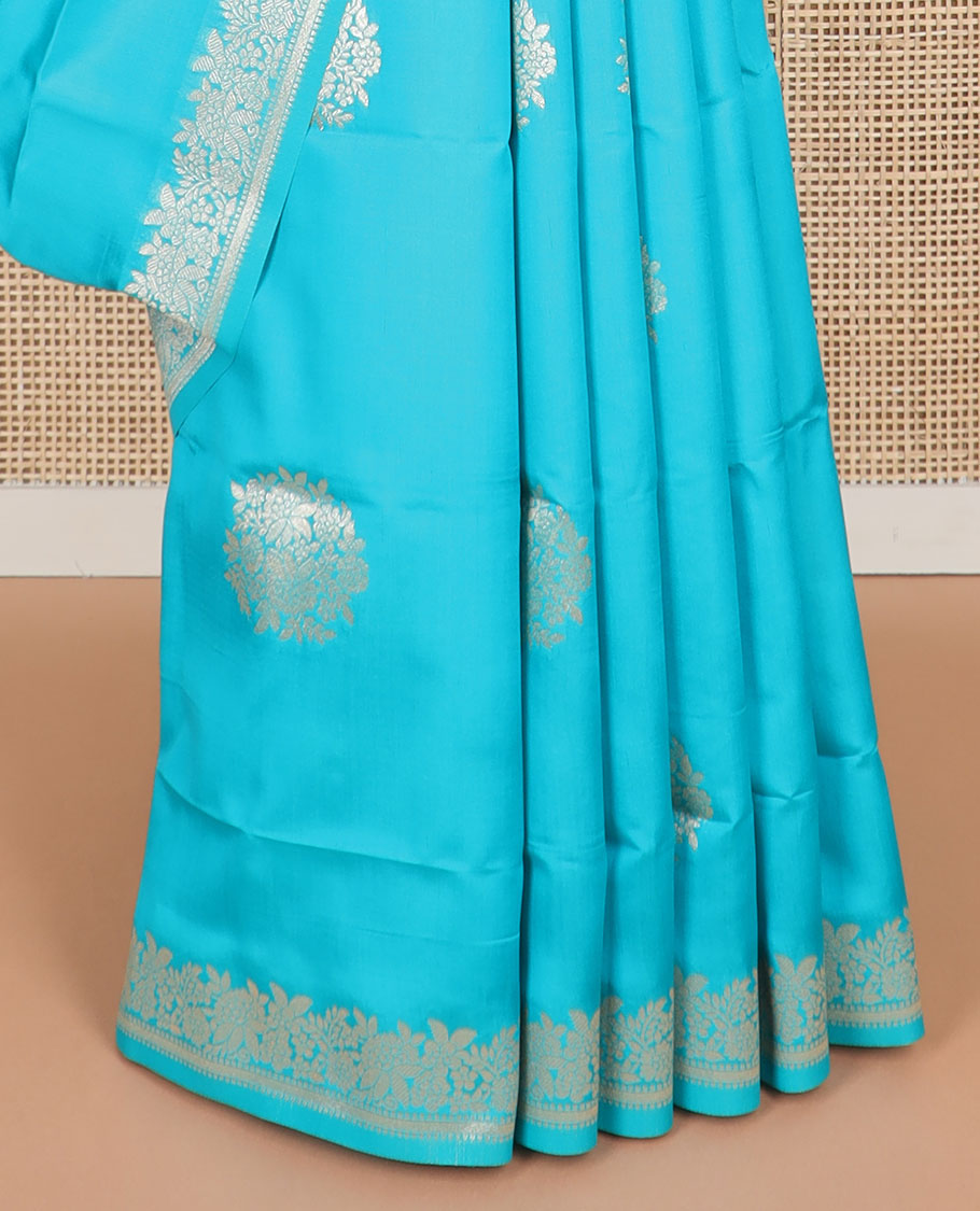 Blue floral motifs design butter silk saree with self intricate zari design border & floral design pallu