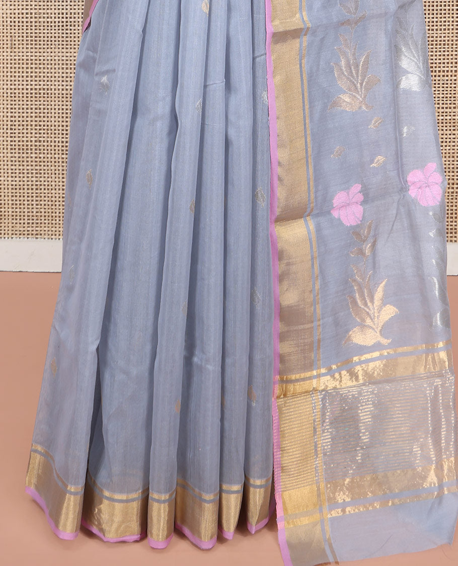 Grey Chanderi Cotton Saree, Decorated with Zari Buttas All Over Its Body, Highlighted by a Zari Border, Pallu  of Zari Stripes and Floral Buttas, and Paired with a Matching Blouse
