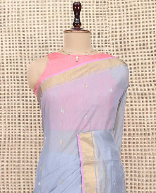 Grey Chanderi Cotton Saree, Decorated with Zari Buttas All Over Its Body, Highlighted by a Zari Border, Pallu  of Zari Stripes and Floral Buttas, and Paired with a Matching Blouse