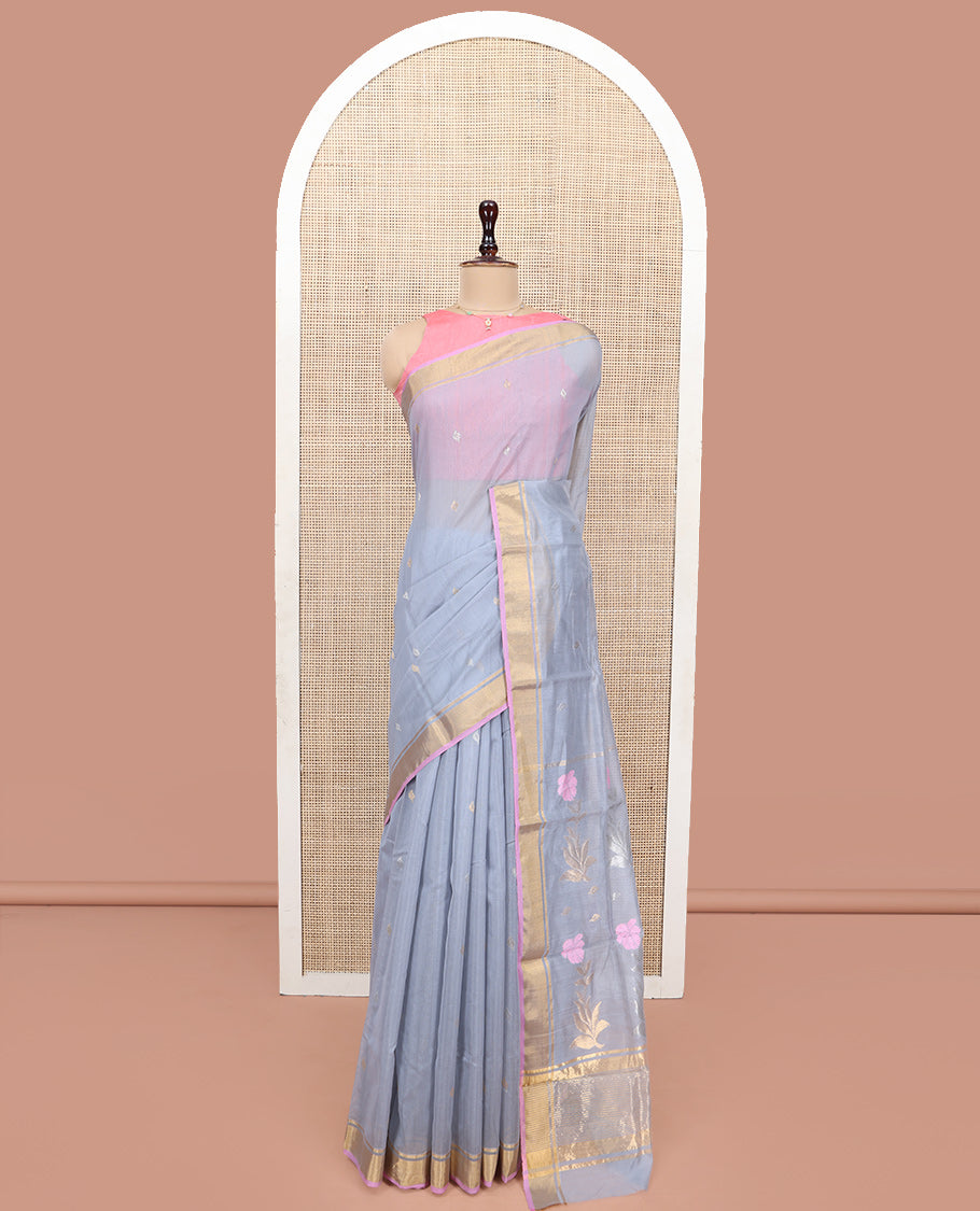 Grey Chanderi Cotton Saree, Decorated with Zari Buttas All Over Its Body, Highlighted by a Zari Border, Pallu  of Zari Stripes and Floral Buttas, and Paired with a Matching Blouse
