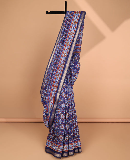 Blue floral design chanderi cotton saree with contrast zari border & intricate design pallu