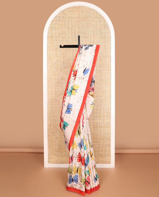 White butterfly motifs crepe saree with contrast border & peacock design pallu