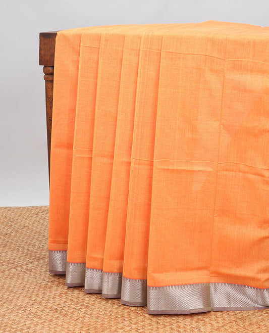 Orange mangalagiri cotton saree with contrast striped, temple border & striped pallu