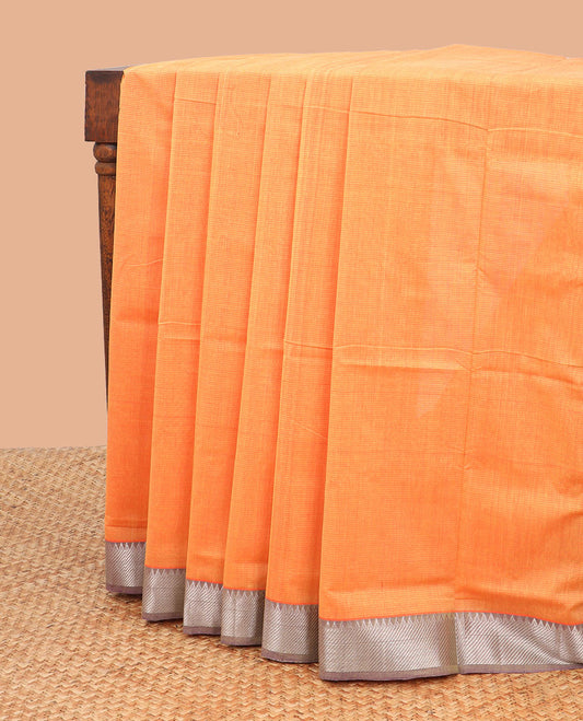 Orange mangalagiri cotton saree with contrast striped, temple border & striped pallu