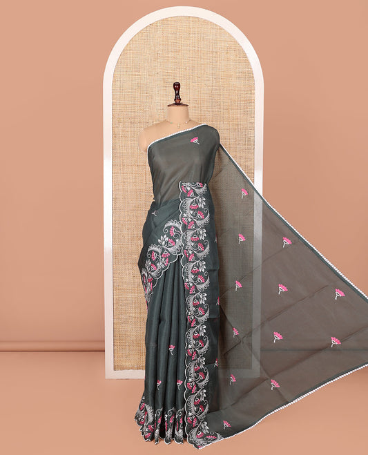 Green Kota Cotton Saree, Finely Crafted with Floral Motifs Thread Embroidery on Its Body, Scallop Lace Embroidered Border, Pallu Features Same Embroidery, and Paired with a Matching Blouse