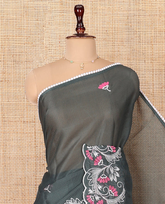 Green Kota Cotton Saree, Finely Crafted with Floral Motifs Thread Embroidery on Its Body, Scallop Lace Embroidered Border, Pallu Features Same Embroidery, and Paired with a Matching Blouse