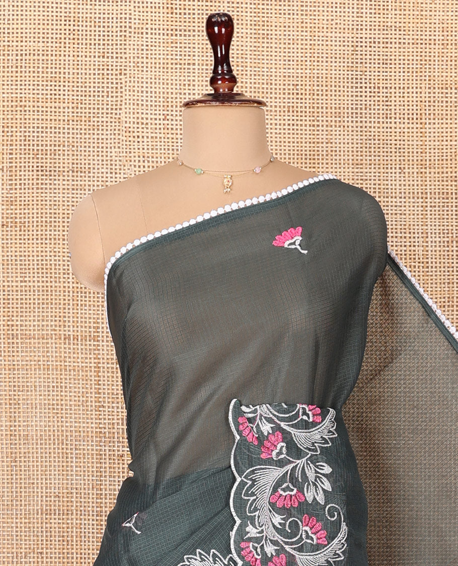 Green Kota Cotton Saree, Finely Crafted with Floral Motifs Thread Embroidery on Its Body, Scallop Lace Embroidered Border, Pallu Features Same Embroidery, and Paired with a Matching Blouse
