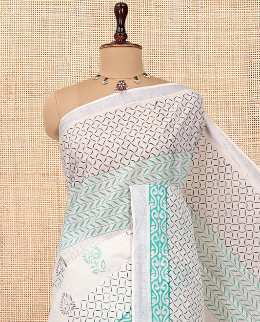 Off-White Jute Cotton Saree, Elevated with a Geometric Print, a Bavanji Border, Striped Pallu, and a Contrast Blouse